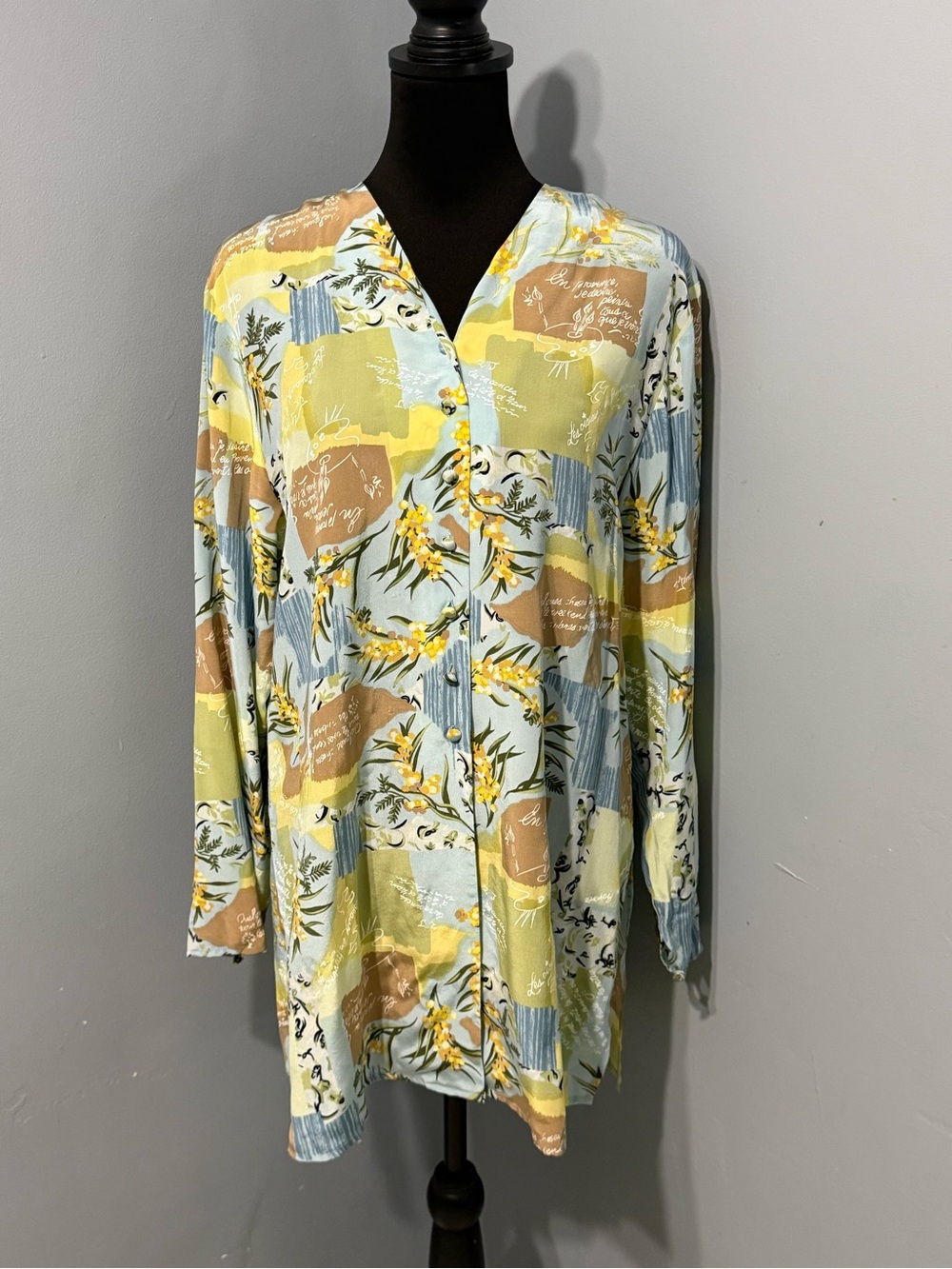 VTG 80s DVF Diane Von Furstenberg Silk Assets Oversized Tunic Top Blue Tan Small